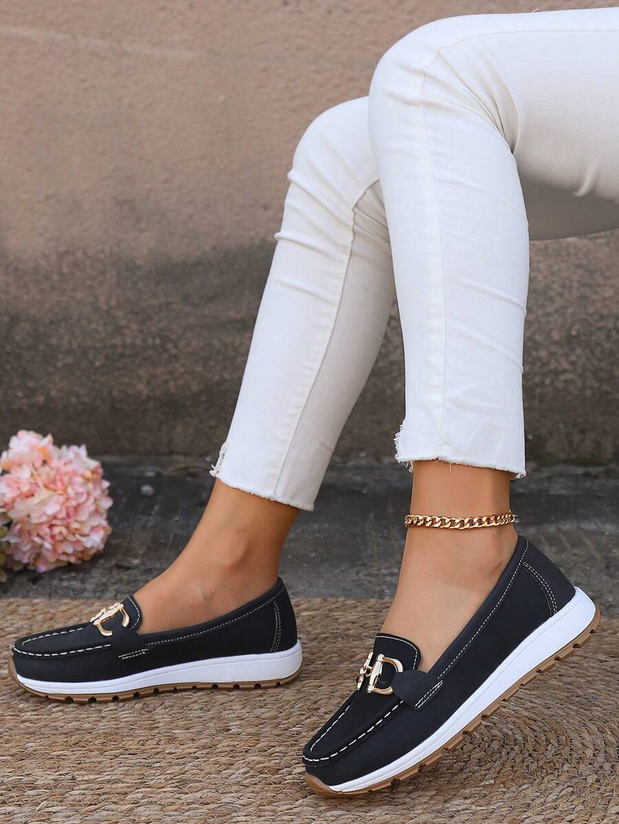 Black women's horsebit loafers, gold accent, preppy slip-on comfort shoes.