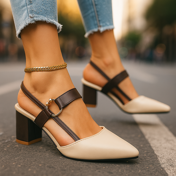 Women's golden ring accent block heels, black leather, perfect for evening wear & chic outfits.