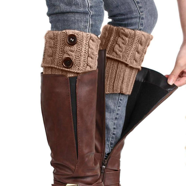 Gift set of women's knit boot toppers, packaged with a ribbon, featuring decorative buttons