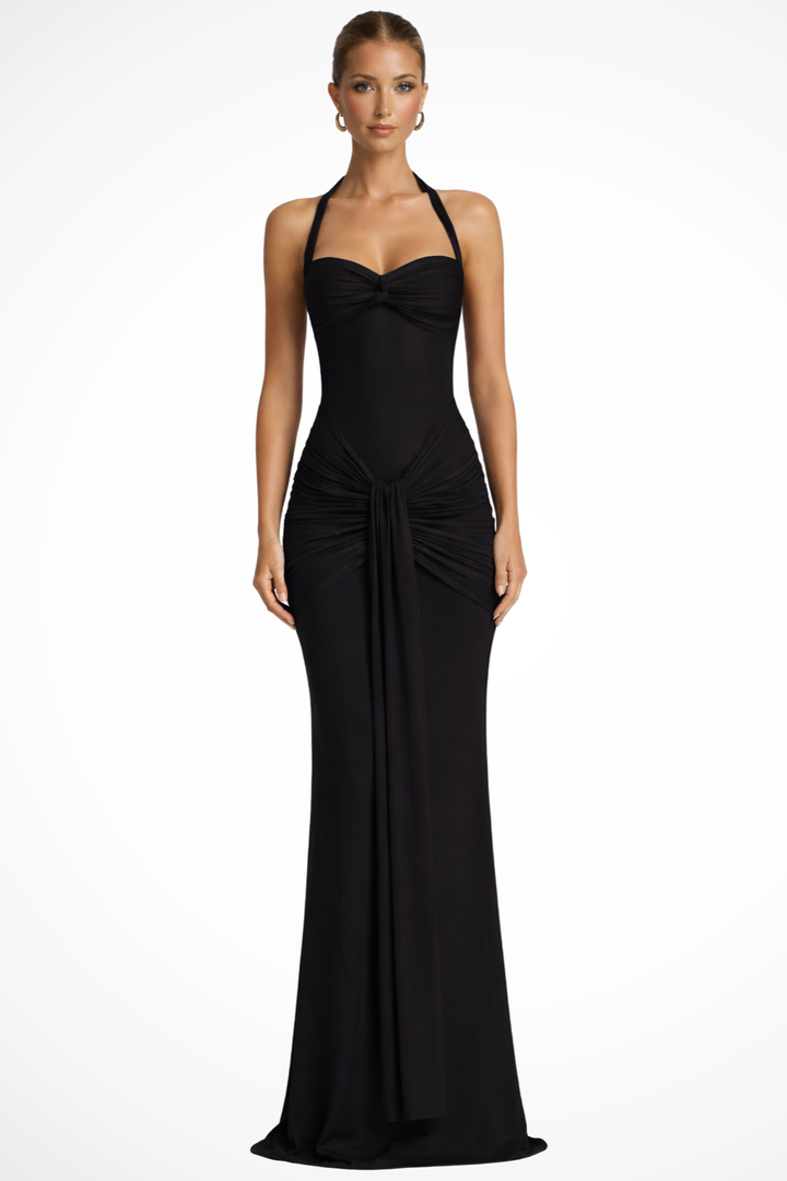Stylish ruched bodycon maxi dress with a halter neck. Ideal long formal evening gown for women.