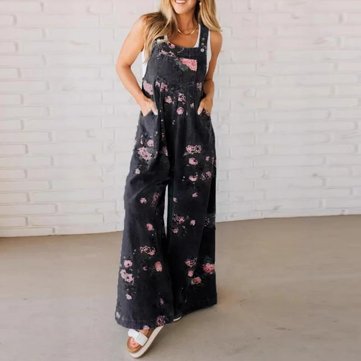 Handcrafted women's floral print jumpsuit, a comfortable one-piece vacation outfit for summer and spring styles.