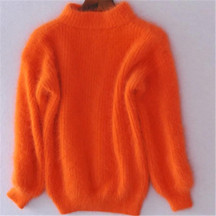Model wearing a cozy women's high neck knit pullover sweater, showcasing its relaxed fit.