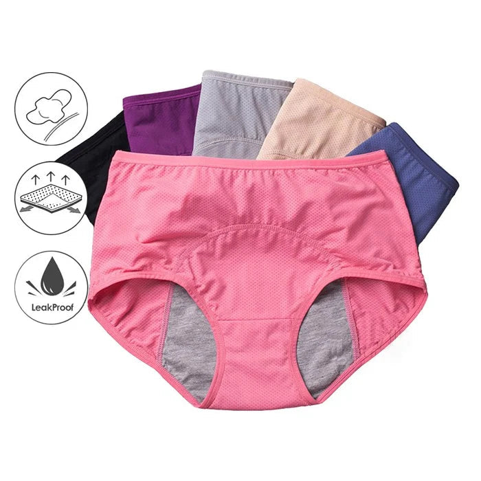 Women's high waist leak proof period panties, black, flat lay, soft nylon cotton