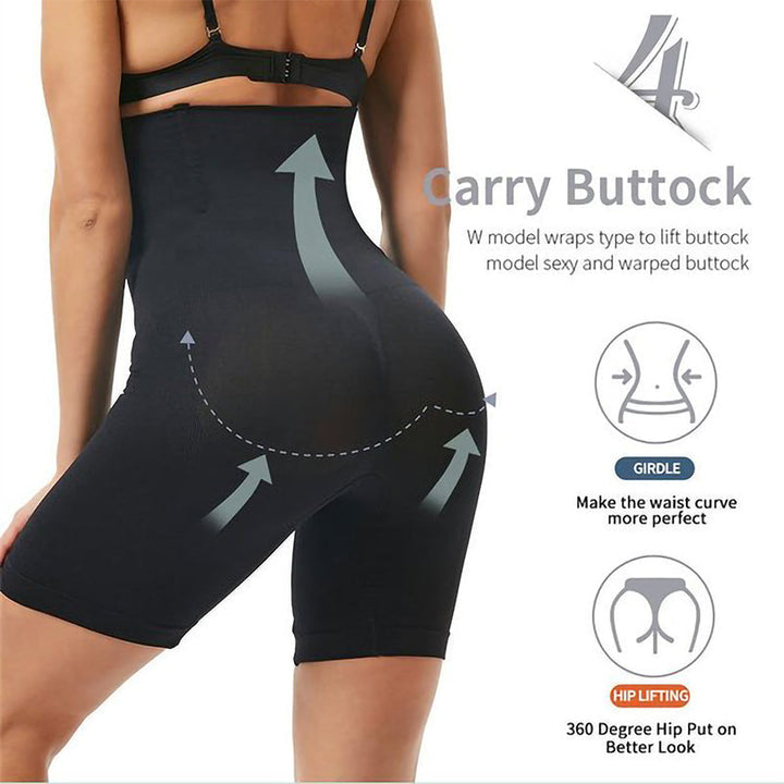 Black high waist tummy control pants folded, showcasing quality material & compact design