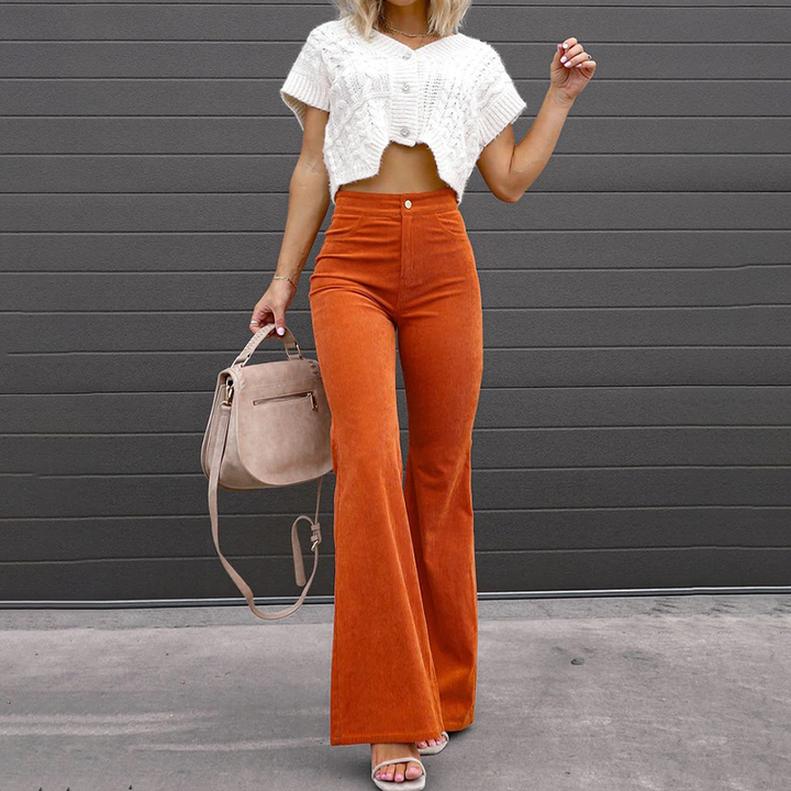 Women's high-waist wide-leg flared trousers, crafted from organic corduroy for a chic retro look.