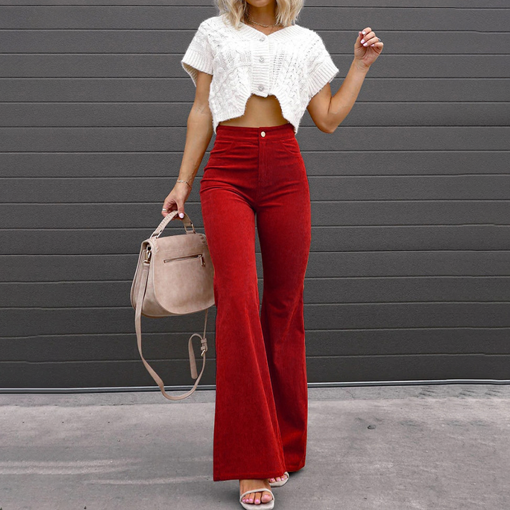 Elegant women's organic cord high-waist flared pants. Versatile wide-leg trousers for autumn & winter fashion.