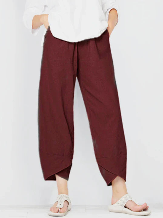 Women's stylish high-waist wide leg cropped pants with a unique tulip hem, great for summer.