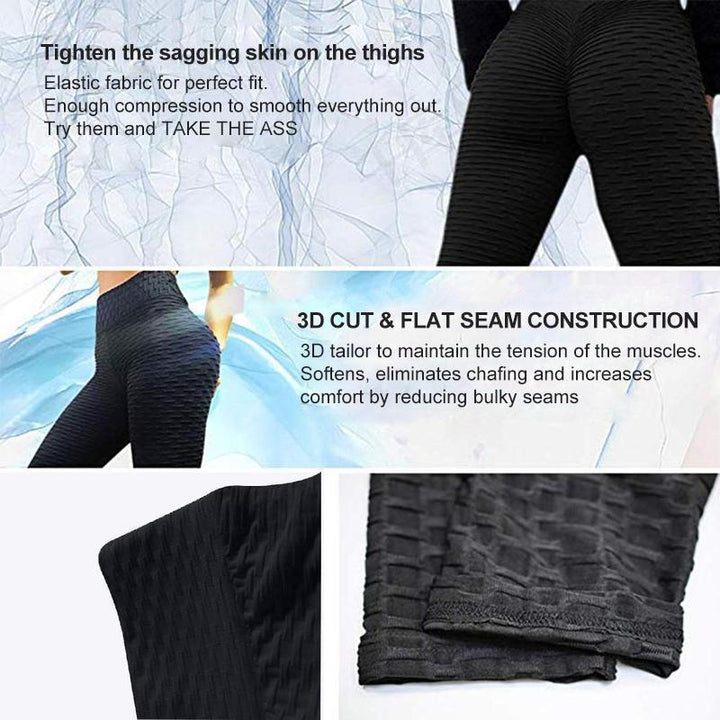 Detail of the high waistband on anti-cellulite yoga leggings, providing a secure and flattering fit.