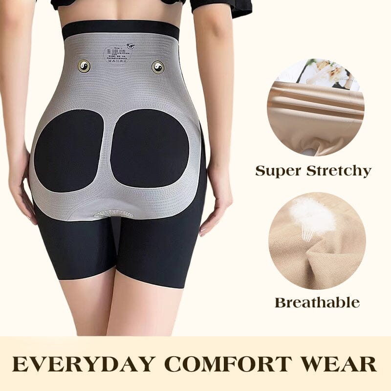 Side view of woman wearing high-waisted tummy control shaper pants under a dress, seamless look