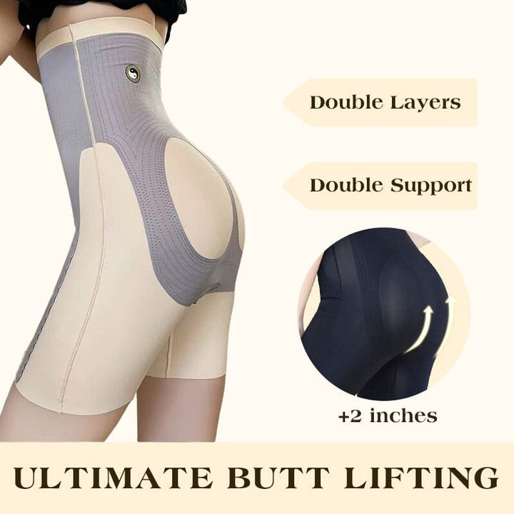 Rear view of women's high-waisted shaper pants, showcasing booty lift and smooth silhouette