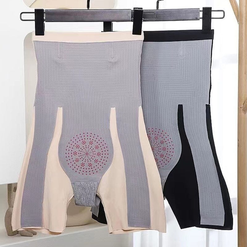 Packaging of women's high-waisted tummy control shaper pants, emphasizing shapewear benefits