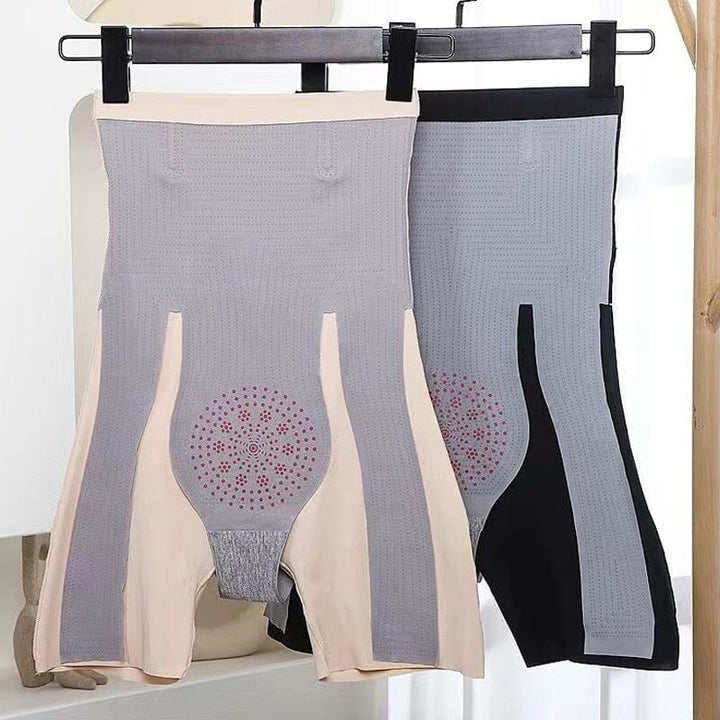 Packaging of women's high-waisted tummy control shaper pants, emphasizing shapewear benefits