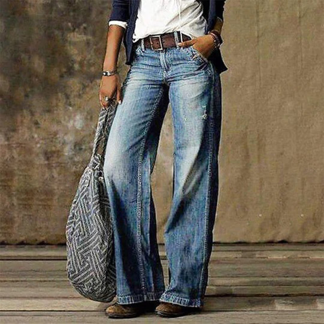 Women's high-waisted wide-leg denim jeans in a light blue wash, perfect for casual fashion.