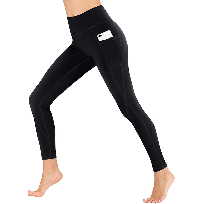 Versatile women's black leggings with pockets, suitable for studio yoga or daily wear.