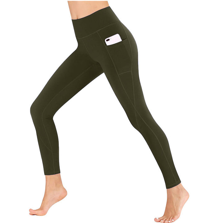 Front view of women's high-waisted yoga leggings with visible side pocket design.