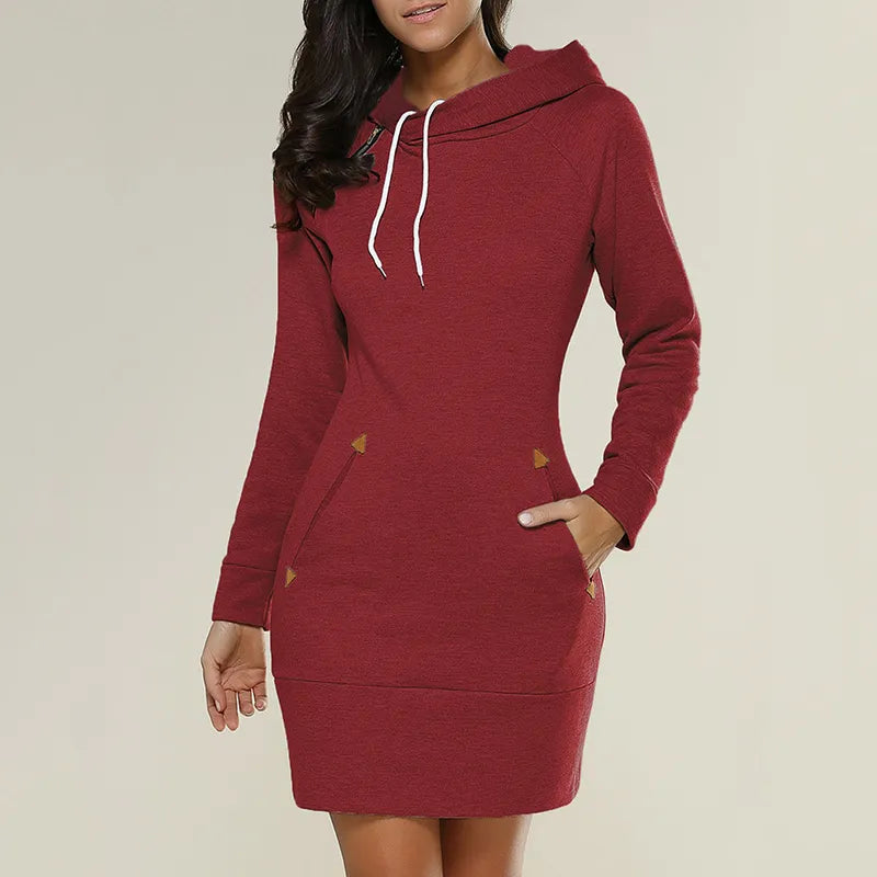 Women's fall fashion: Hooded sweatshirt dress, pockets, ideal for cozy style.