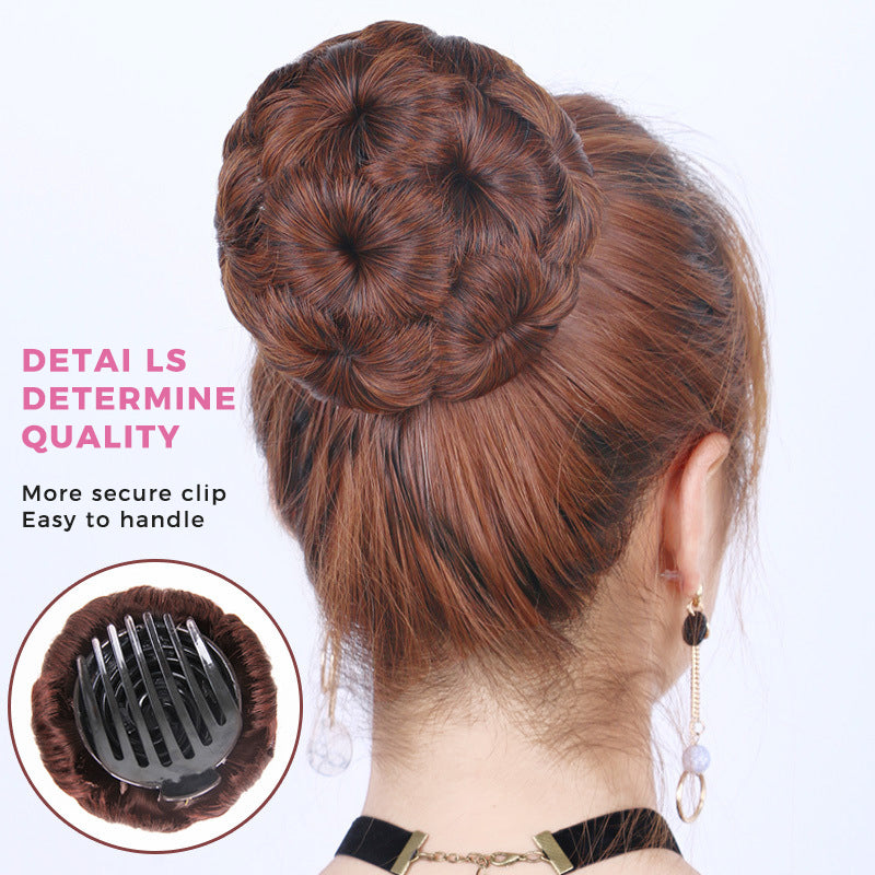 Close-up of a flower bun hair clip extension, perfect for quick and stylish looks