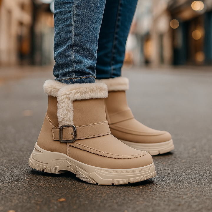 Women's khaki faux fur lined winter buckle boots, front view, cozy & stylish