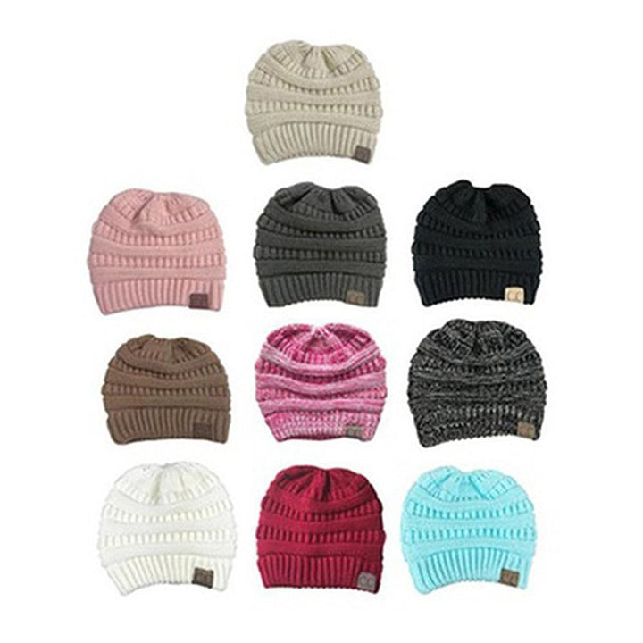 Close-up of the ribbed cuff on a Women's Ponytail Knit Beanie Hat, adding style and warmth
