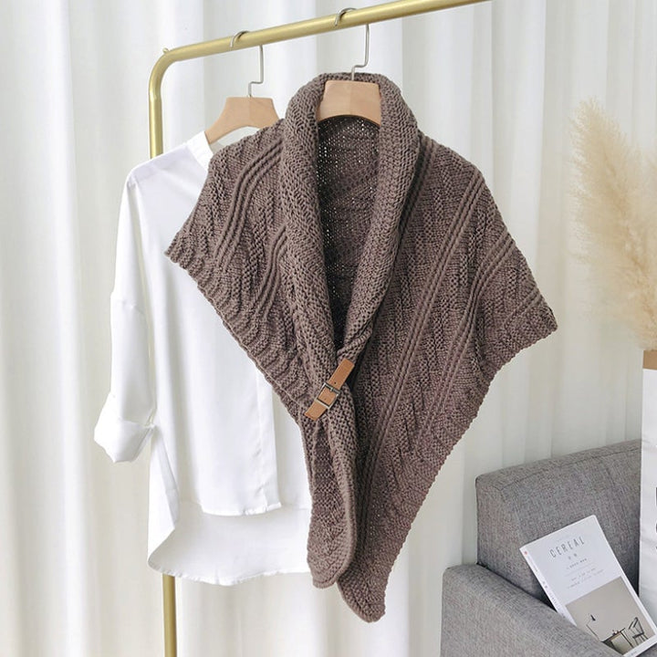 Women's knitted triangle shawl with buckle, black, cozy winter fashion accessory