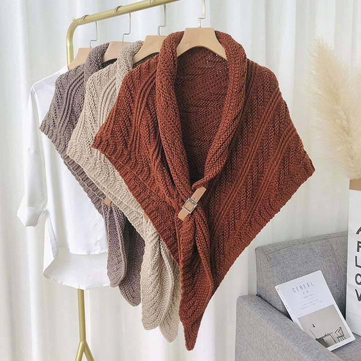 Knitted triangle shawl with buckle, blue, perfect for winter layering