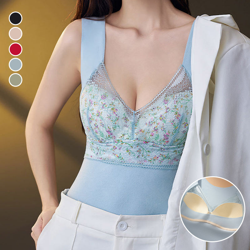 Close-up of lace detail on women's thermal camisole with built-in bra