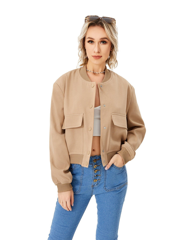 Trendy women's lightweight bomber jacket with button closure. Versatile everyday outerwear for spring & fall.
