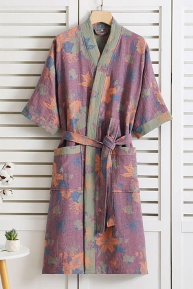 Colorful women's spa bathrobe, lightweight and soft for breathable comfort as home wear.