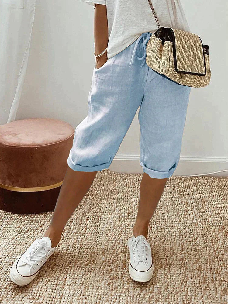 Versatile women's summer shorts for everyday wear, offering comfort with a relaxed fit and drawstring waist.