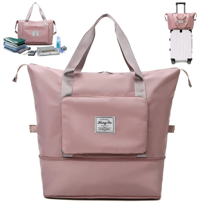 Modern women's weekender travel bag, lightweight, waterproof, expandable. A chic & practical carry-on solution.