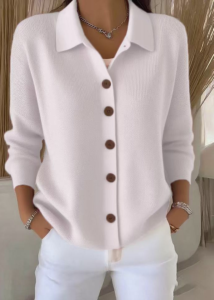 Comfortable women's button-down cardigan sweater, long sleeve, designed with a classic shirt collar for versatile style.