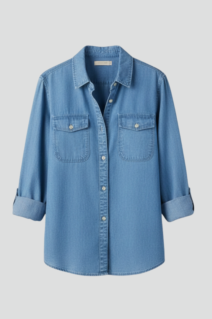 Women's long sleeve button-up shirt with classic collar and chest pockets, perfect for casual or office wear.