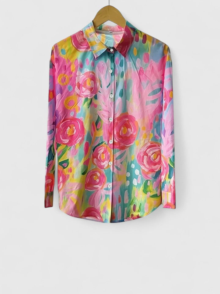 Artistic floral abstract print button down blouse for women. Long sleeve, casual, vibrant spring fashion top.