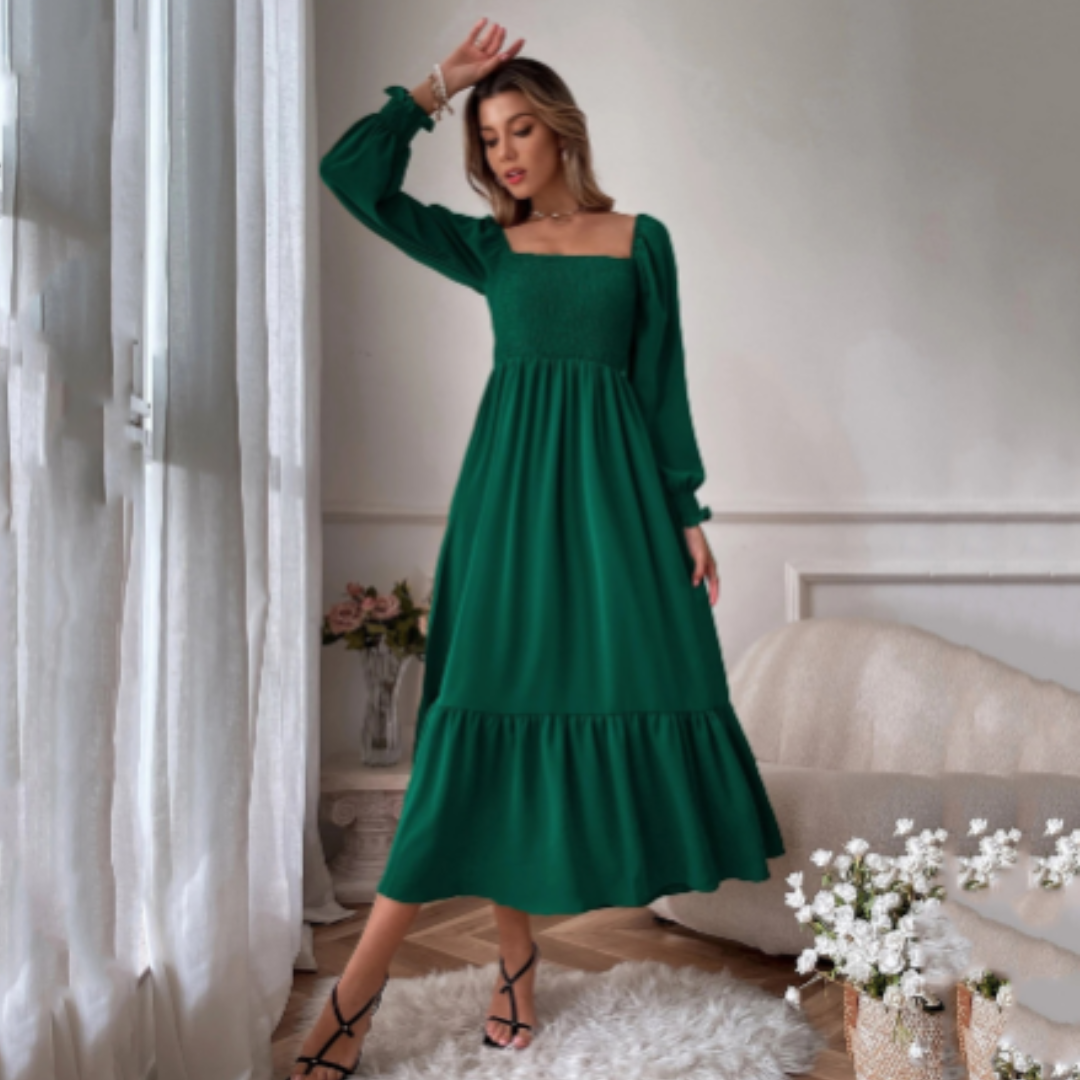 Elegant autumn dress for women, featuring a flattering Florentine neck and comfortable long sleeves.
