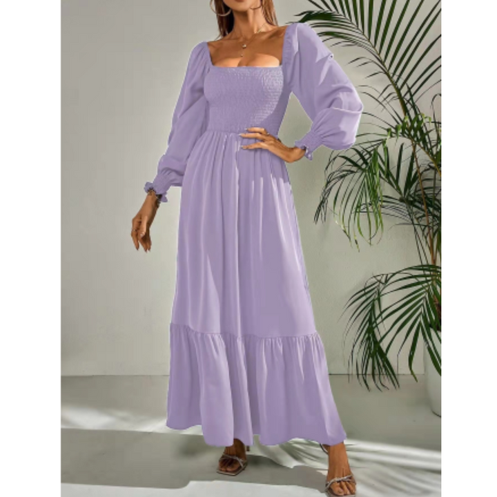 Flattering long sleeve women's dress, perfect for fall and autumn, with an elegant Florentine neck.