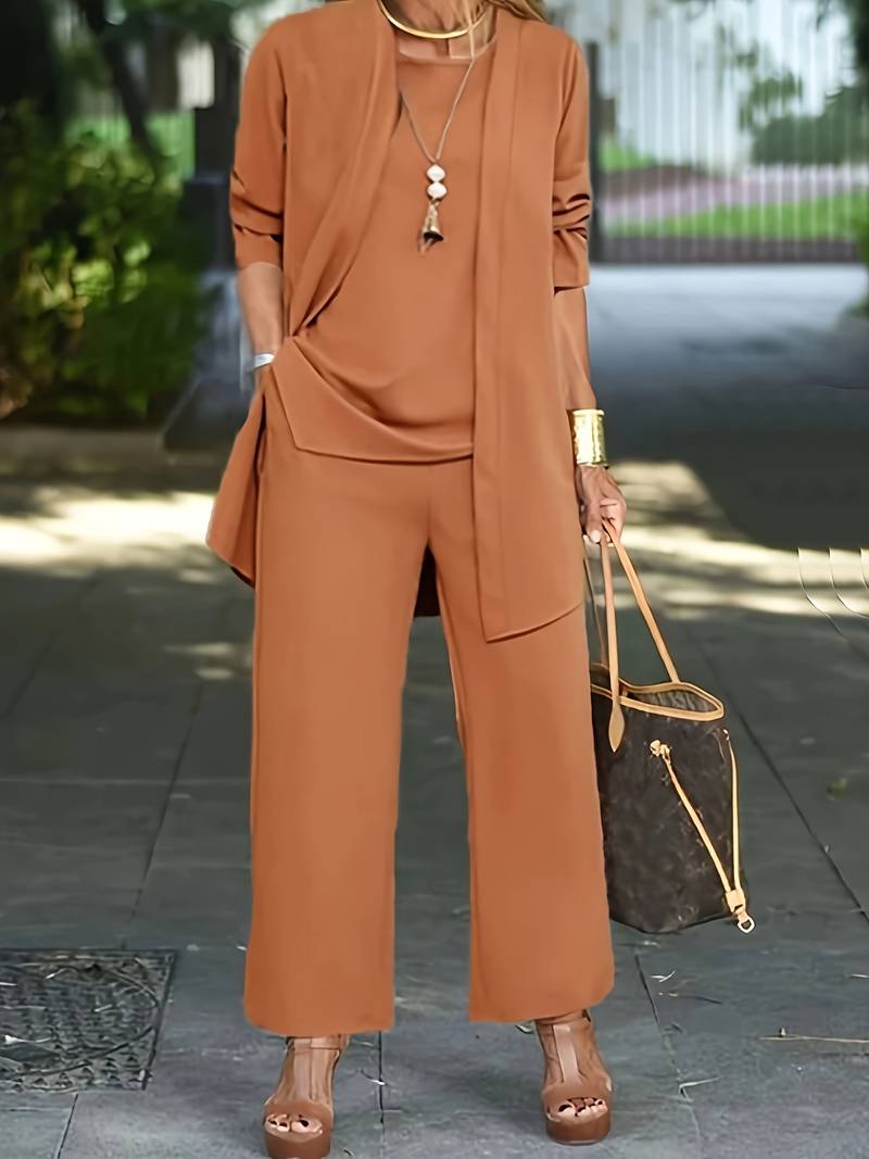 Versatile women's three-piece set: loose top, wide-leg pants & open cardigan for summer fashion.