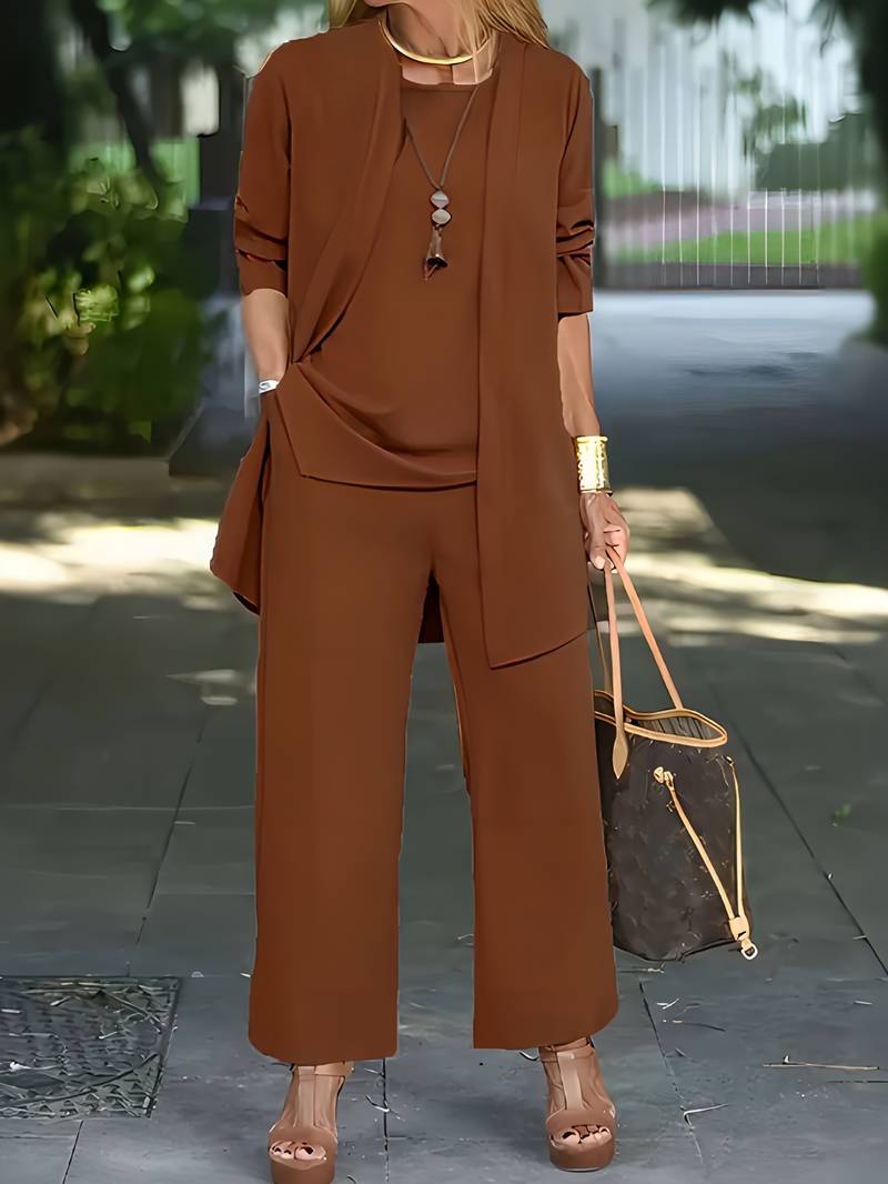 Breathable women's three-piece set: loose top, wide-leg pants & long cardigan, ideal for summer.