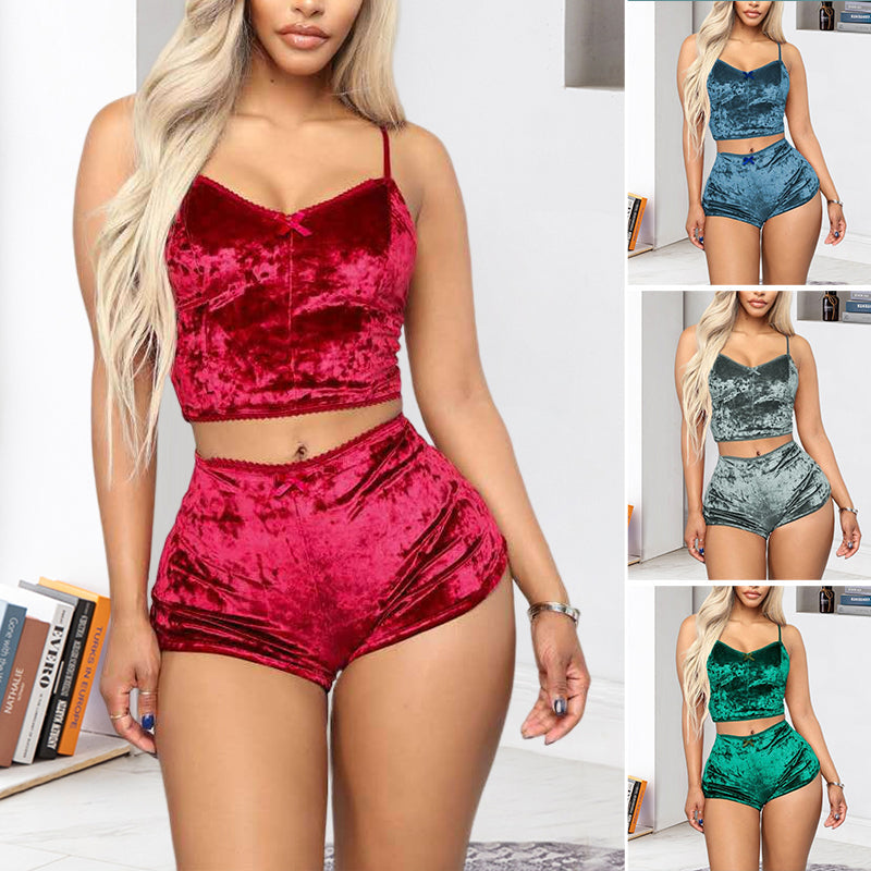Soft green velvet V-neck lingerie camisole and shorts set, ideal for comfortable loungewear