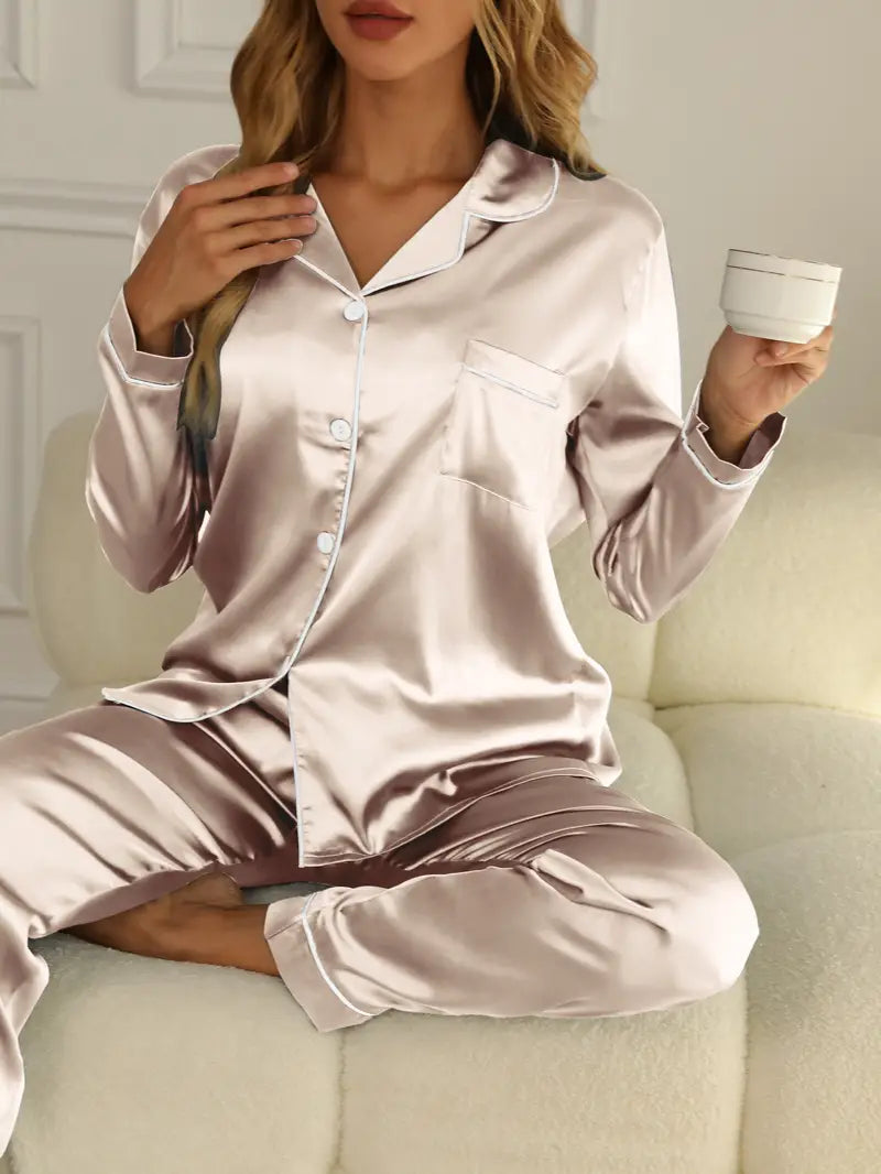 Premium women's silk-like satin pajamas, a chic sleep set for luxurious everyday wear and comfort.