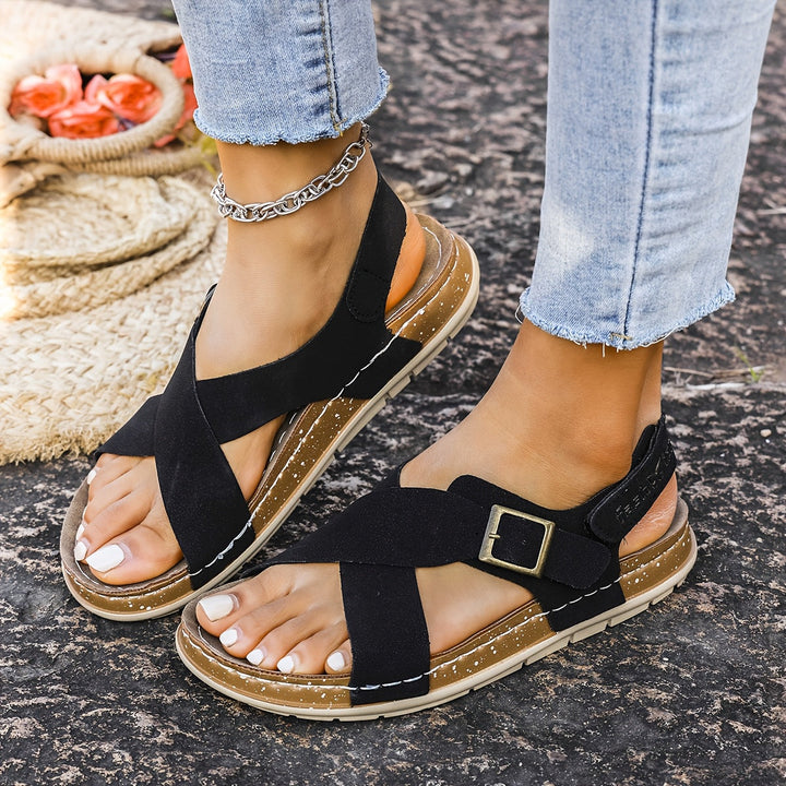 Top view of Women's Madeleine open-toe sandals in grey. Slip-on casual everyday comfort for women.