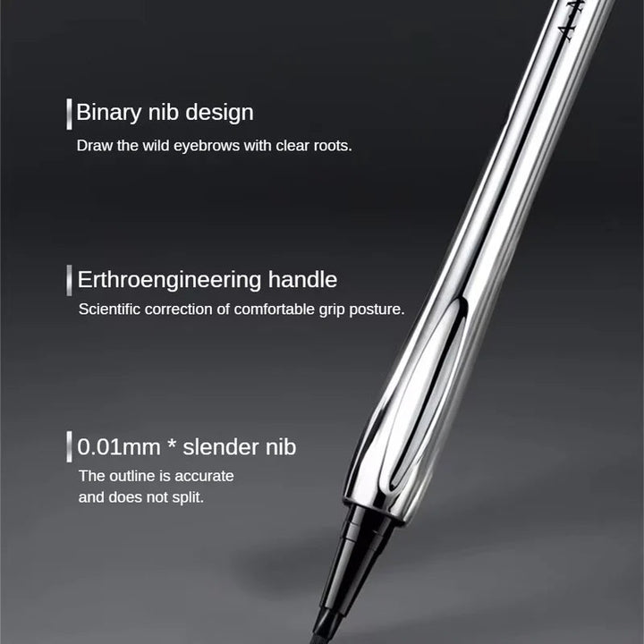 Waterproof test on skin showing the durability of the micro-fork tip liquid eyebrow pencil. Long-lasting makeup.
