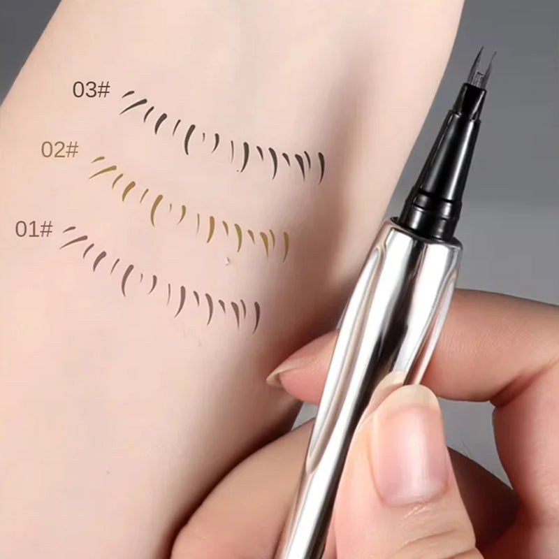 Before and after application of micro-fork tip liquid eyebrow pencil, demonstrating enhanced, natural brows.
