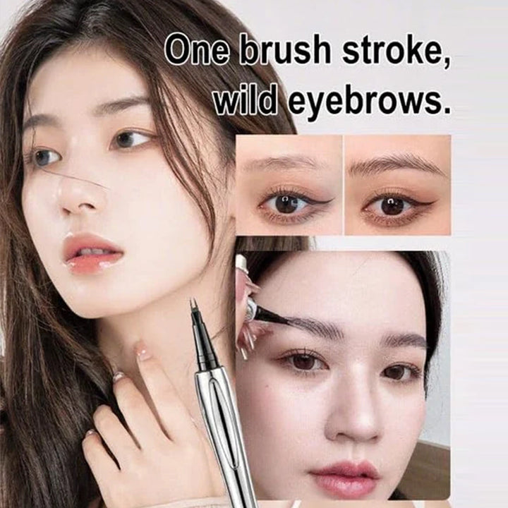 Close-up of micro-fork tip liquid eyebrow pencil creating hair-like strokes for perfect, waterproof brows.