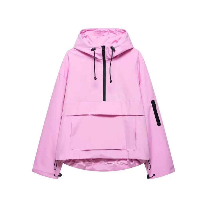 Women's minimalist hooded winter ski jacket in white, front view, for cold weather and snow sports.