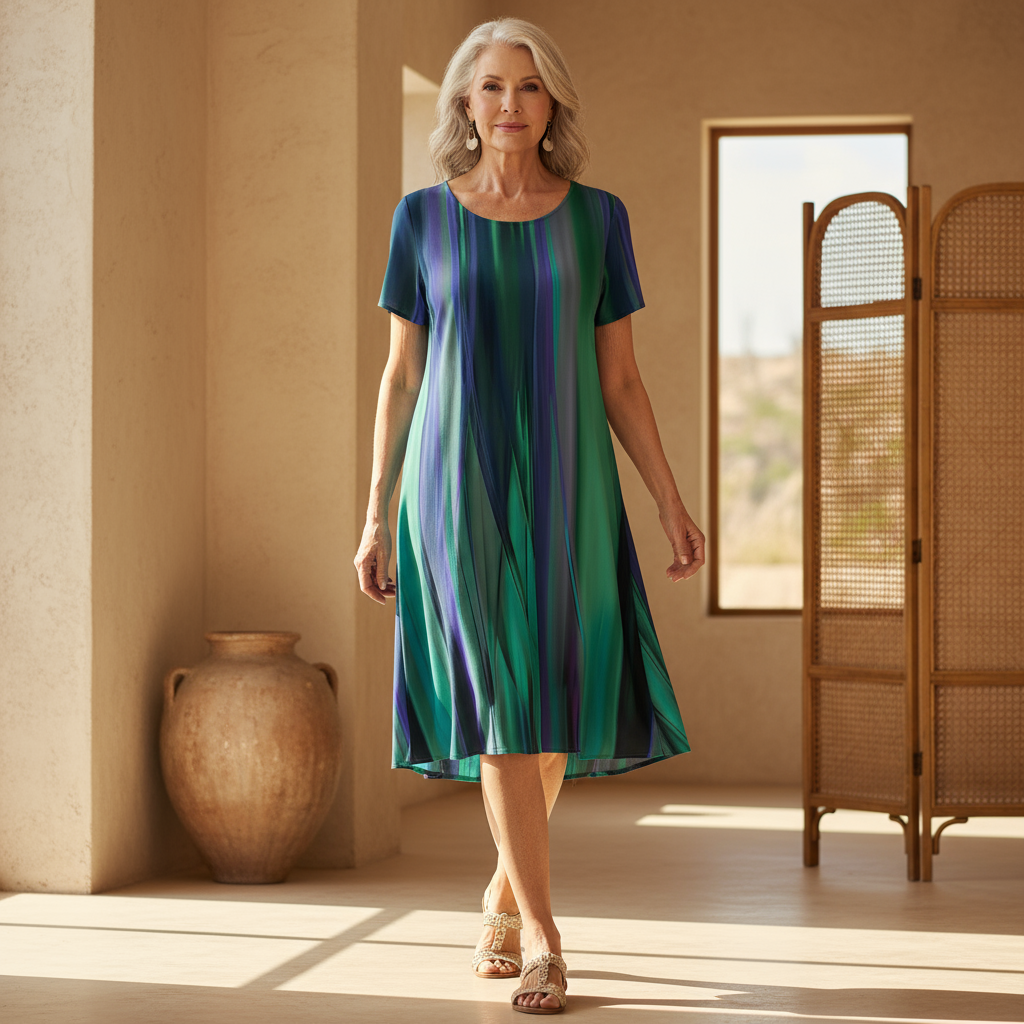 Women's multicolored striped relaxed swing dress, perfect for casual summer fashion & comfortable wear.