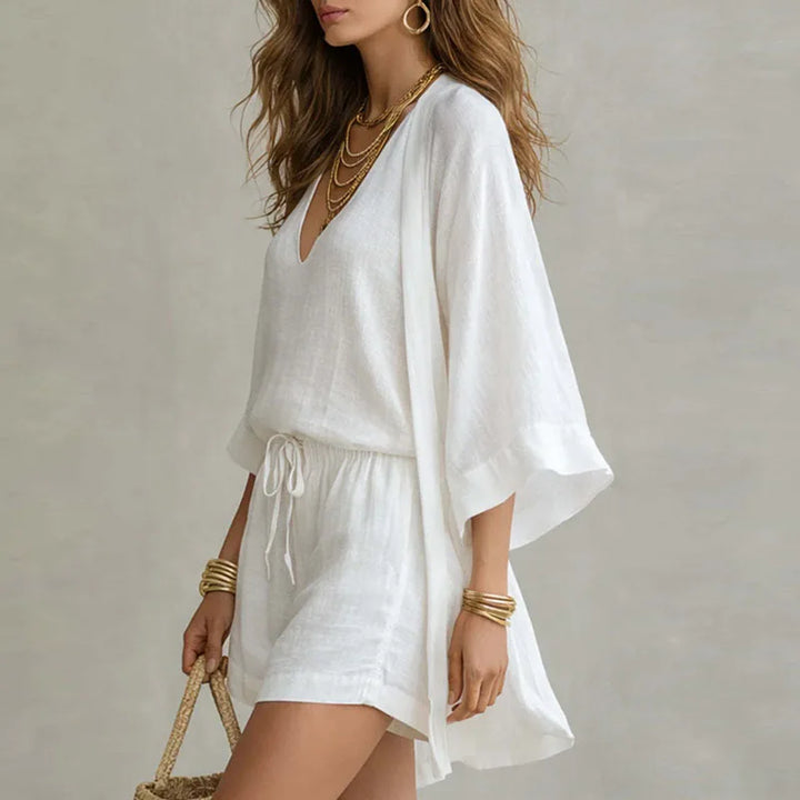 Stylish women's linen 3-piece set: V-neck sleeveless top, comfy shorts, and matching relaxed fit shirt for summer.