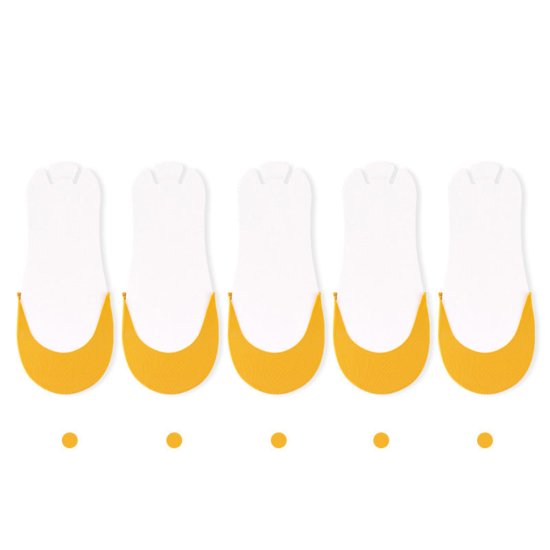 Ankle view of women's leg wearing no-show toe topper socks with a classic slingback