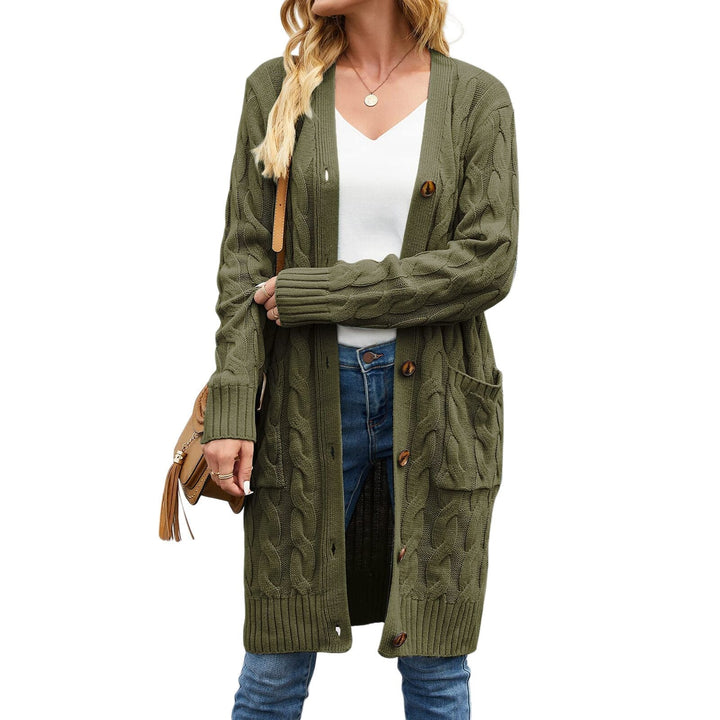 Cozy women's knitted cardigan, Noelle, with large pockets & button-down front, great for chilly days.