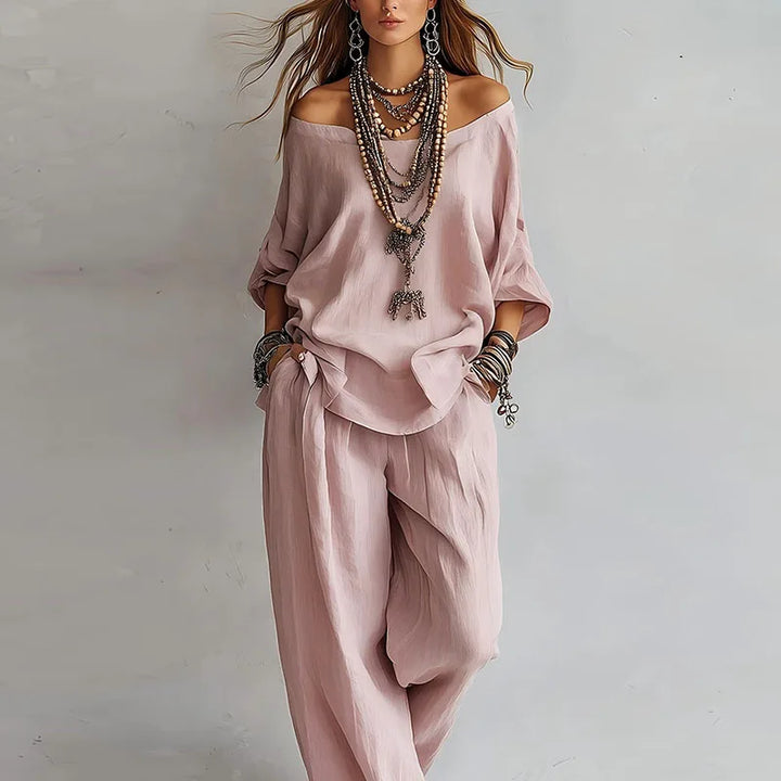 Women's off-shoulder co-ord set with wide-leg pants. Perfect for comfortable casual wear & summer fashion.