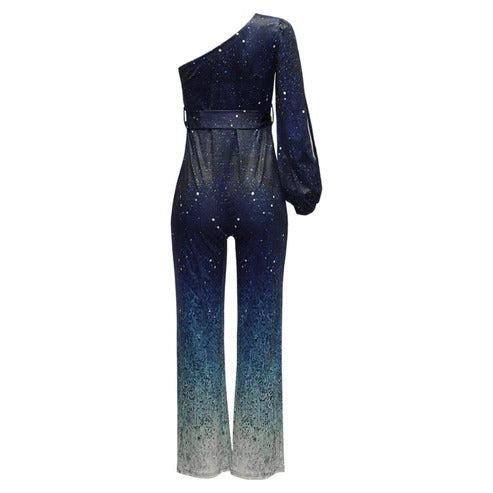 Women's blue ombre one-shoulder flared jumpsuit. Disco-ready retro fashion for parties & special occasions.